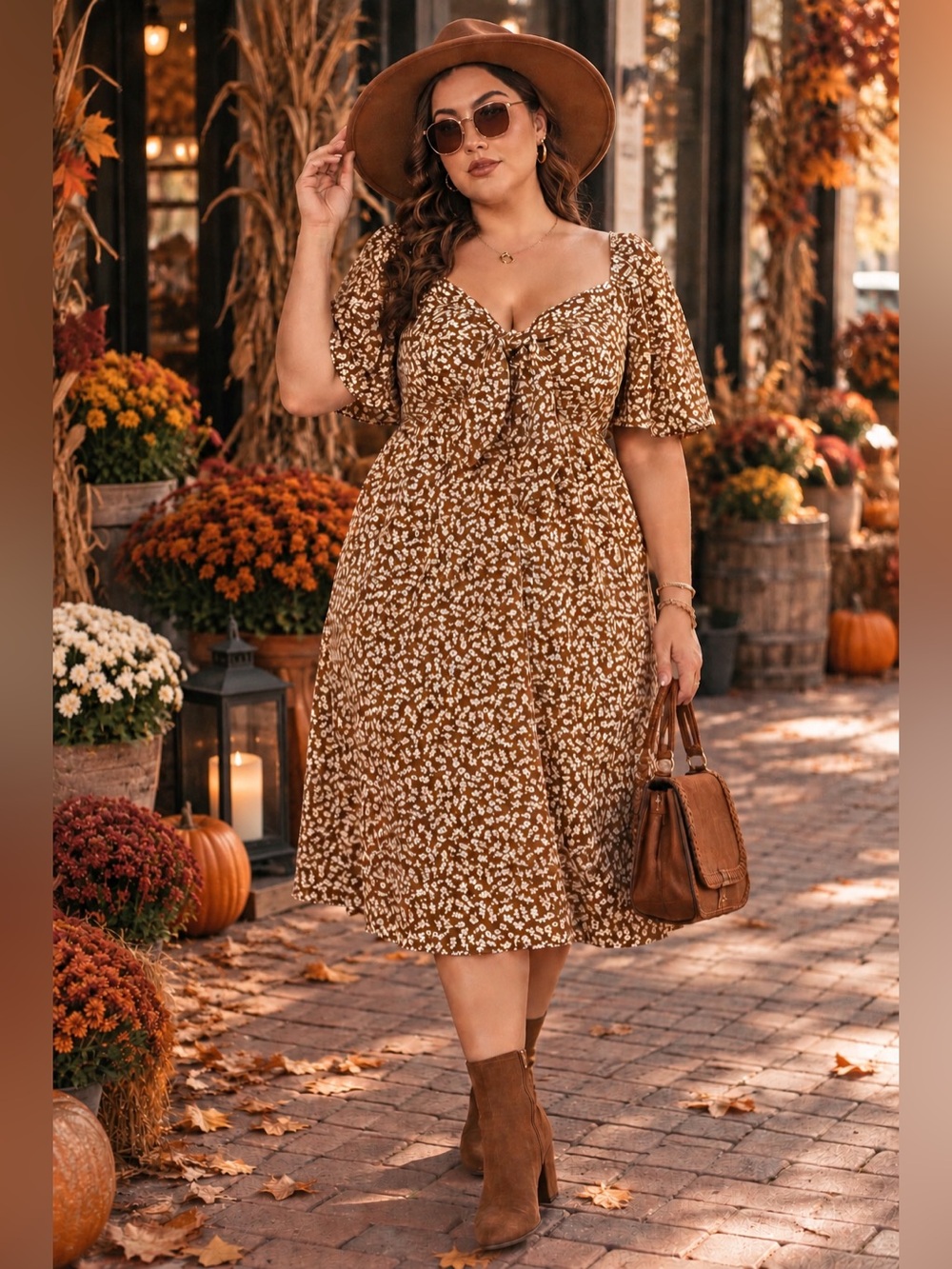 🤎 BROWN & CREAM FLORAL MIDI DRESS 3X — TIE FRONT FLUTTER SLEEVE BOHO